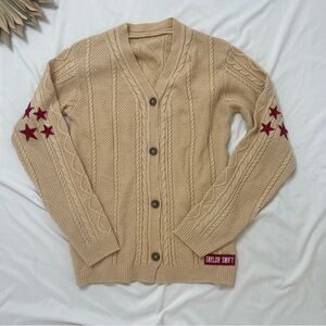 Taylor Swift Beige Red TV Stars Button Front Cardigan Swiftie Sweater Size XS